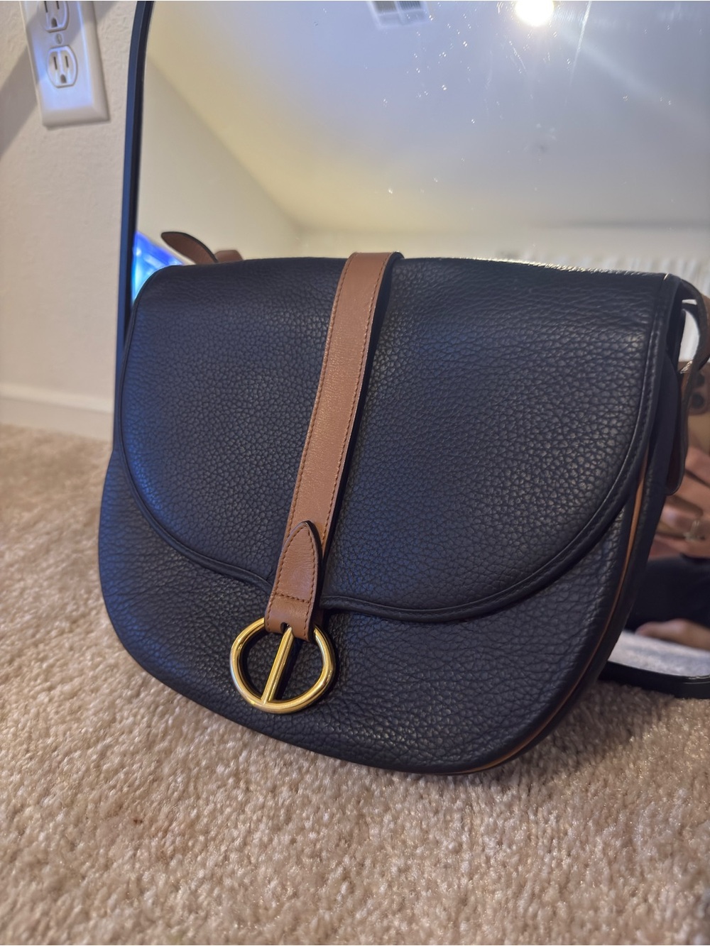 Dior Black Pebbled Leather Saddle Crossbody with Tan Strap and Gold Ring